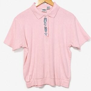 Jason Maxwell Womens M Vintage Golf Polo Pink Embroidered Novelty Banded Hem